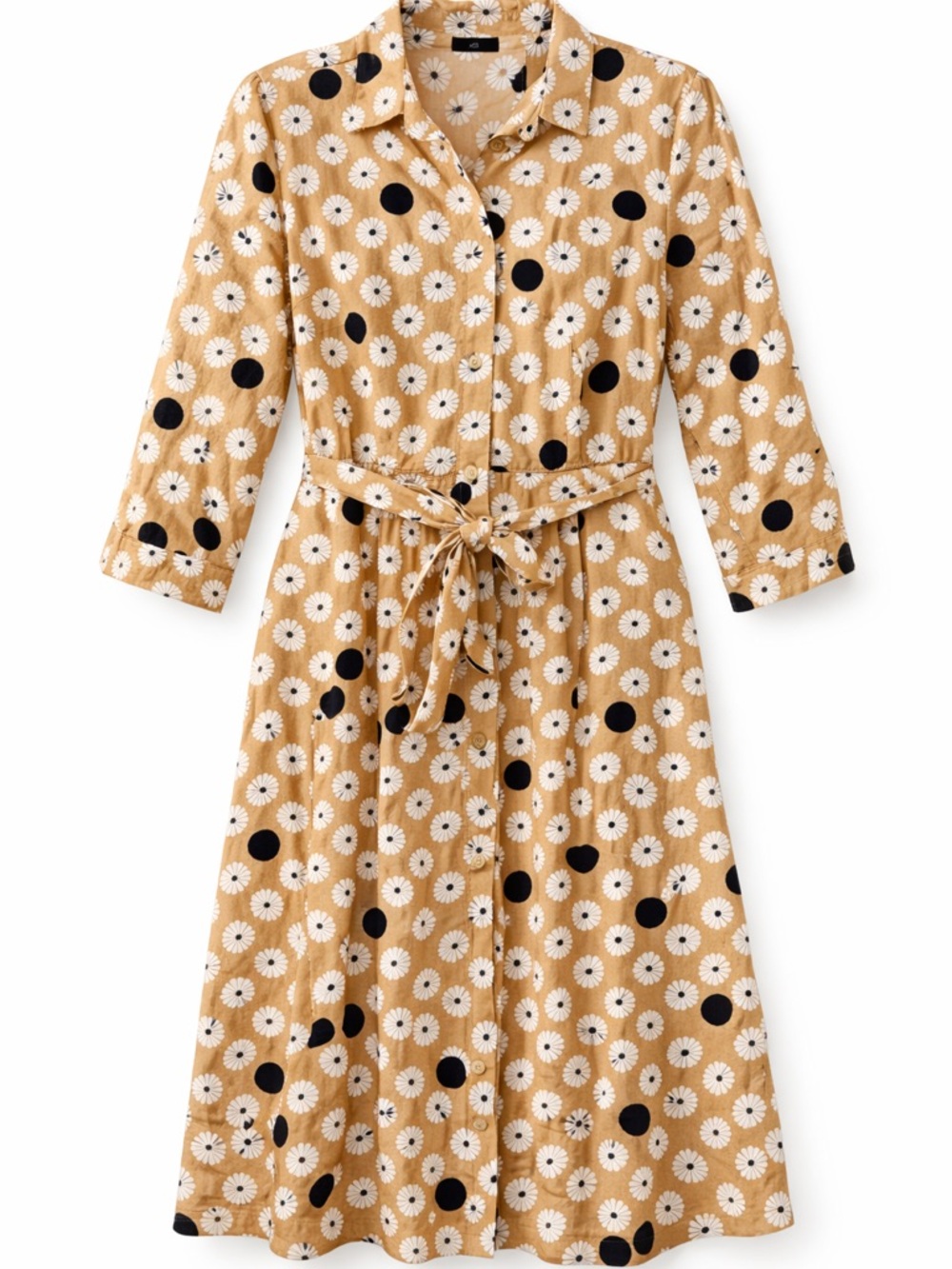 Talbots Mustard Daisy Print Midi Dress with Black Polka Dots